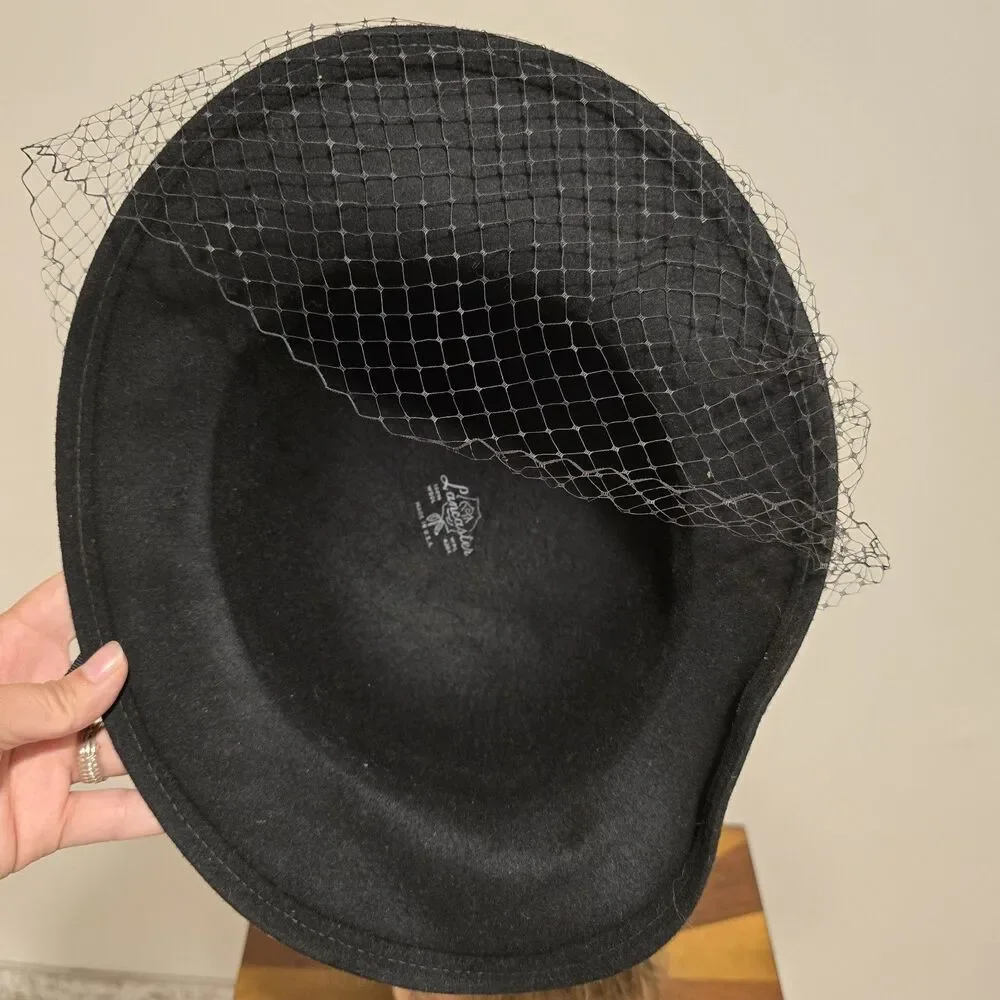 True Vintage Lancaster Black Wool Felt Hat Face Netting USA Black Sequin Classy